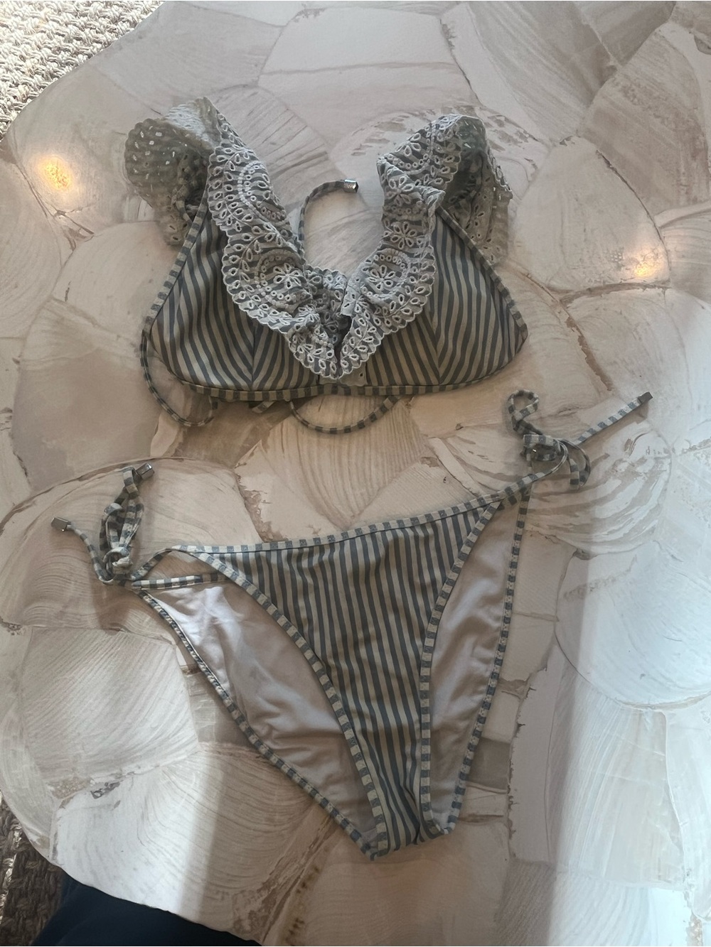 Zimmermann Striped Ruffle Eyelet Bikini Set - Blue/Beige size 1 small (US 2/4)
